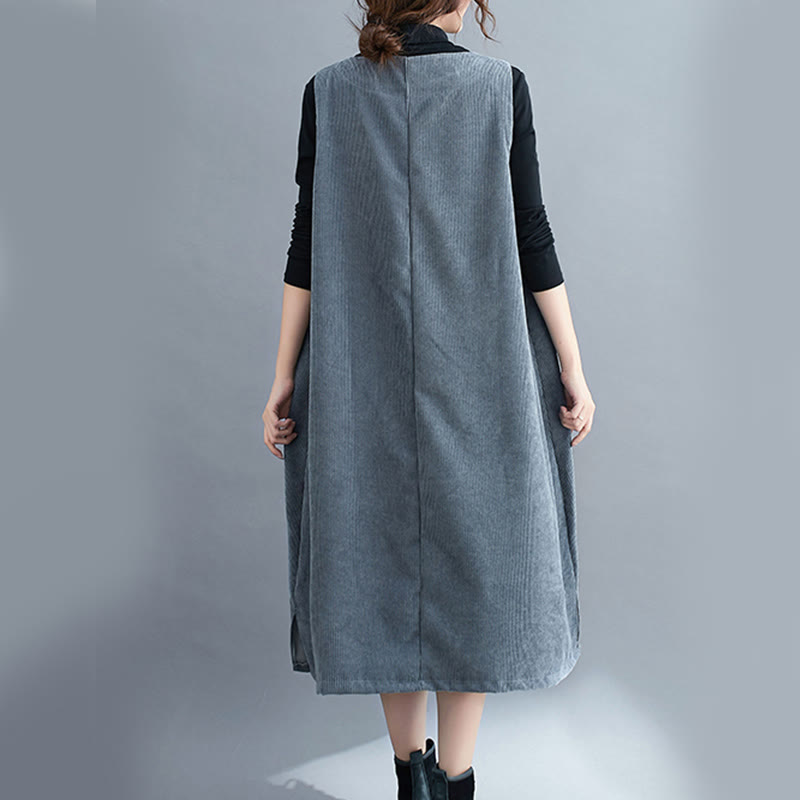 Buddha Stones Commute Damen-Midikleid mit Rundhalsausschnitt, ärmellos, aus Baumwollcord mit Taschen - image 25