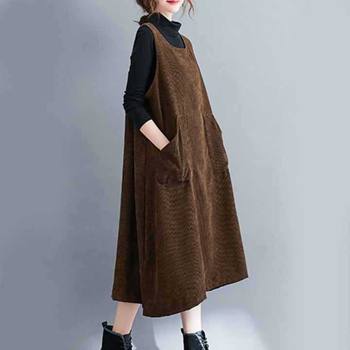 Buddha Stones Commute Damen-Midikleid mit Rundhalsausschnitt, ärmellos, aus Baumwollcord mit Taschen - image 6