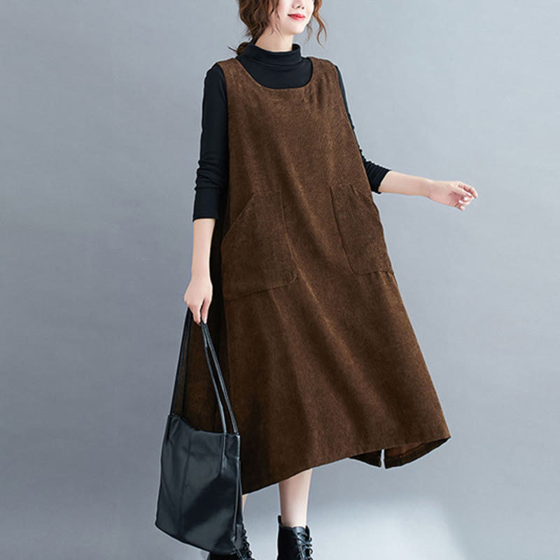 Buddha Stones Commute Damen-Midikleid mit Rundhalsausschnitt, ärmellos, aus Baumwollcord mit Taschen - Sattelbraun - US12， UK/AU16，EU44 (2XL) - image 0