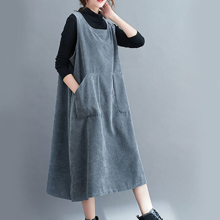 Buddha Stones Commute Damen-Midikleid mit Rundhalsausschnitt, ärmellos, aus Baumwollcord mit Taschen - image 26