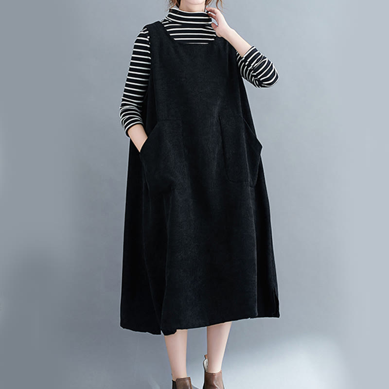 Buddha Stones Commute Damen-Midikleid mit Rundhalsausschnitt, ärmellos, aus Baumwollcord mit Taschen - image 21