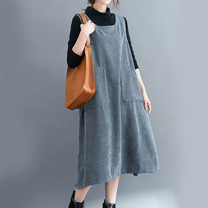 Buddha Stones Commute Damen-Midikleid mit Rundhalsausschnitt, ärmellos, aus Baumwollcord mit Taschen - image 29