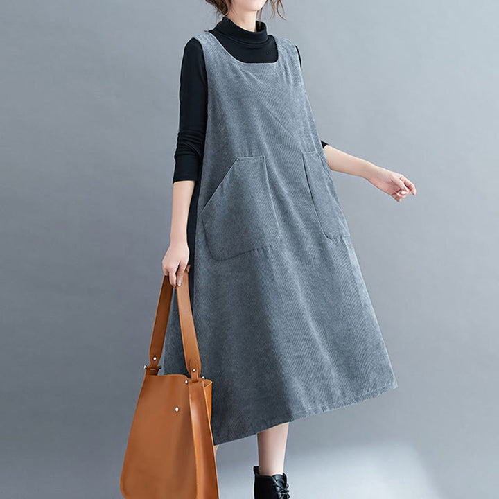 Buddha Stones Commute Damen-Midikleid mit Rundhalsausschnitt, ärmellos, aus Baumwollcord mit Taschen - image 28