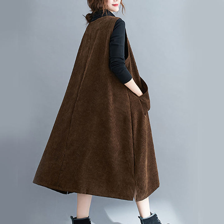 Buddha Stones Commute Damen-Midikleid mit Rundhalsausschnitt, ärmellos, aus Baumwollcord mit Taschen - image 8