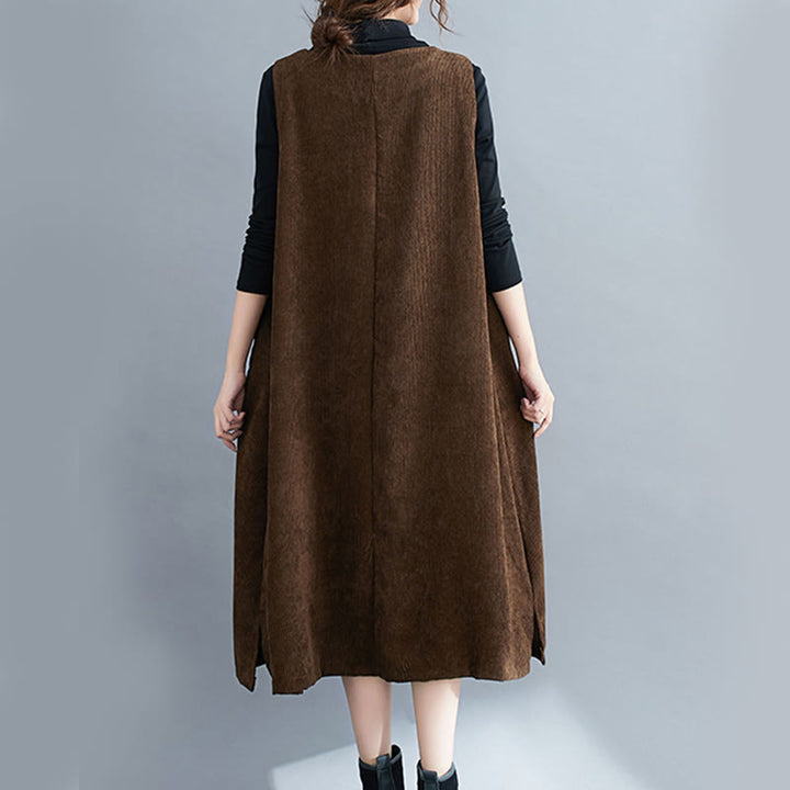 Buddha Stones Commute Damen-Midikleid mit Rundhalsausschnitt, ärmellos, aus Baumwollcord mit Taschen - image 4