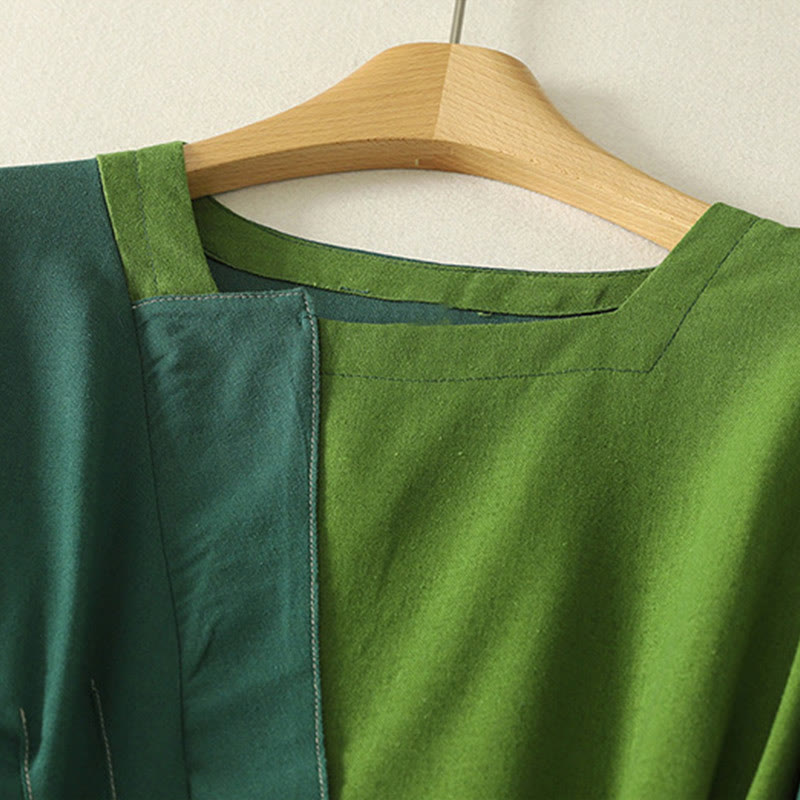 Buddha Stones Patched Color Block Desgin Cotton Damen Langarm-Midikleid mit Taschen - image 2