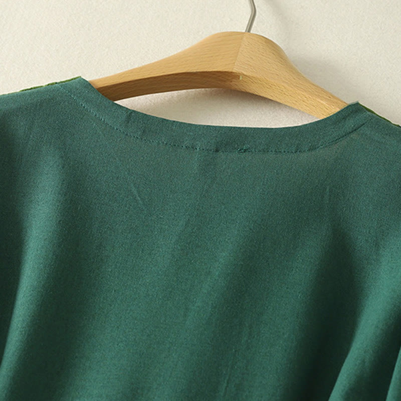 Buddha Stones Patched Color Block Desgin Cotton Damen Langarm-Midikleid mit Taschen - image 3