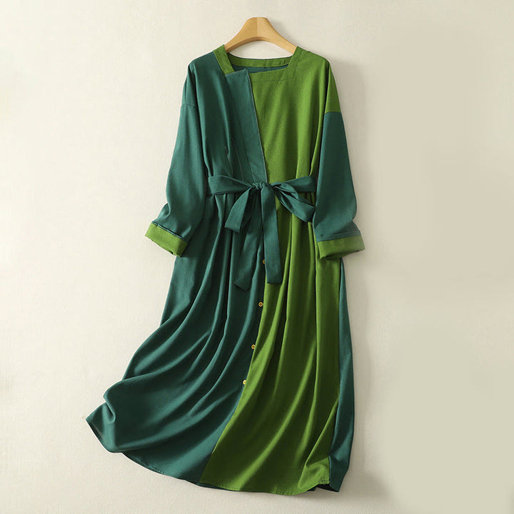 Buddha Stones Patched Color Block Desgin Cotton Damen Langarm-Midikleid mit Taschen - Dunkelgrün - US8-10， UK/AU12-14，EU40-42 (2XL) - image 0