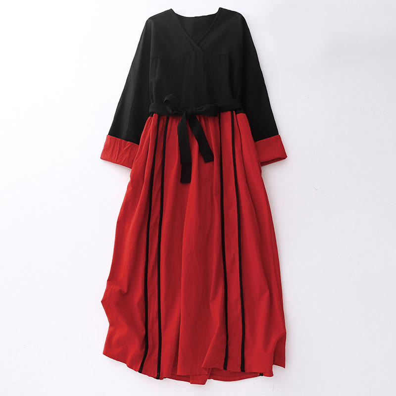 Buddha Stones Damen-Midikleid mit Farbblock-Schnürung und langen Ärmeln und Taschen - Purpurrot - US 8-10, UK/AU 12-14, EU 40-42 (2XL) - image 0
