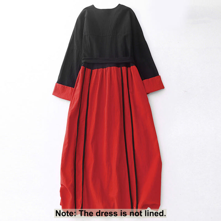 Buddha Stones Damen-Midikleid mit Farbblock-Schnürung und langen Ärmeln und Taschen - image 1