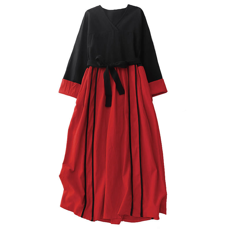 Buddha Stones Damen-Midikleid mit Farbblock-Schnürung und langen Ärmeln und Taschen - image 11