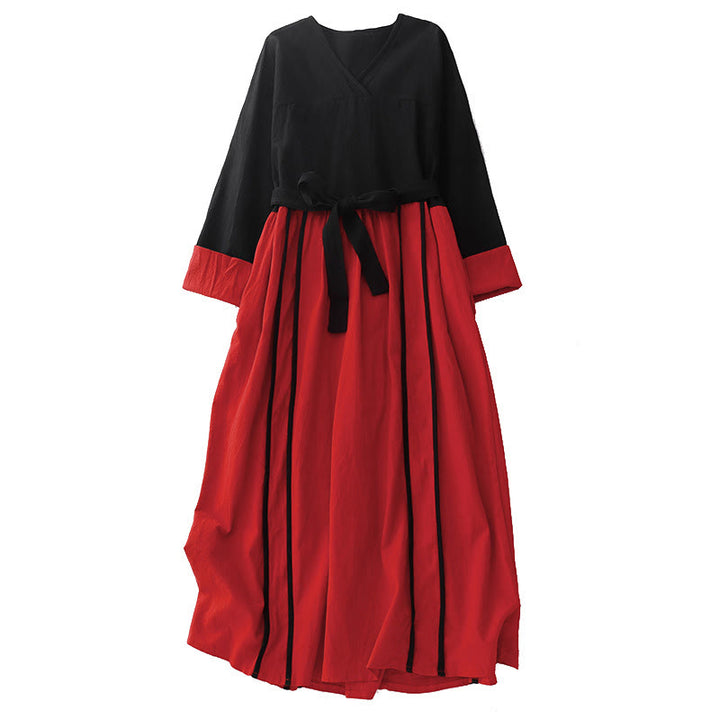 Buddha Stones Damen-Midikleid mit Farbblock-Schnürung und langen Ärmeln und Taschen - image 11