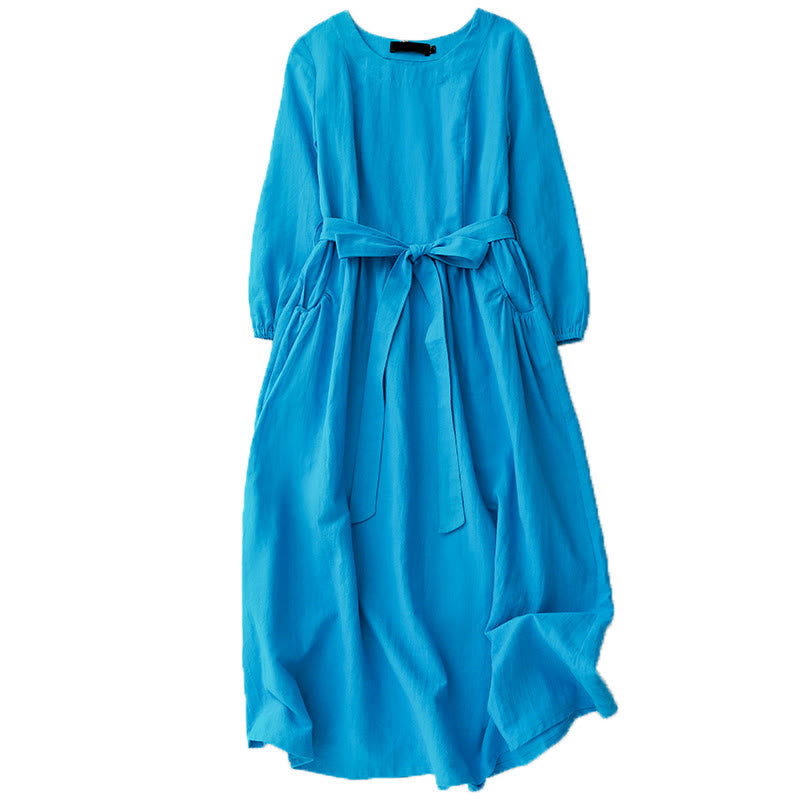 Buddha Stones – Schlichtes, langärmliges Midikleid aus Baumwolle mit Schnürung und Taschen für Damen - image 10
