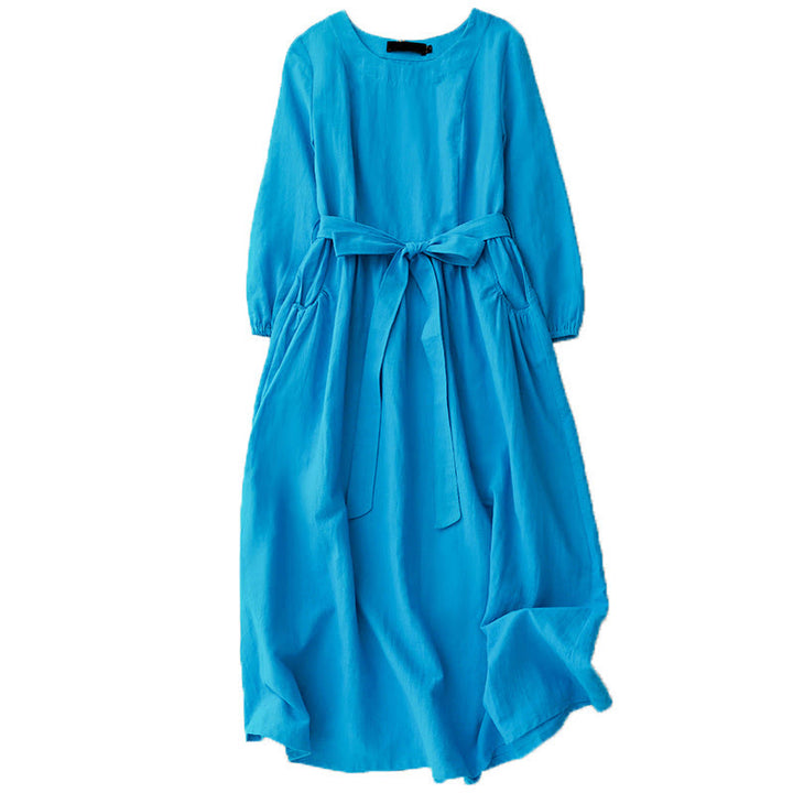 Buddha Stones – Schlichtes, langärmliges Midikleid aus Baumwolle mit Schnürung und Taschen für Damen - image 10