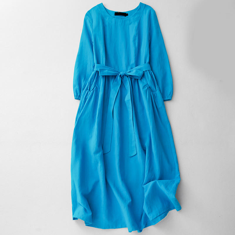 Buddha Stones – Schlichtes, langärmliges Midikleid aus Baumwolle mit Schnürung und Taschen für Damen - DeepSkyBlue - US8-10， UK/AU12-14，EU40-42 (2XL) - image 0