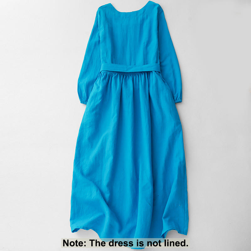 Buddha Stones – Schlichtes, langärmliges Midikleid aus Baumwolle mit Schnürung und Taschen für Damen - image 1