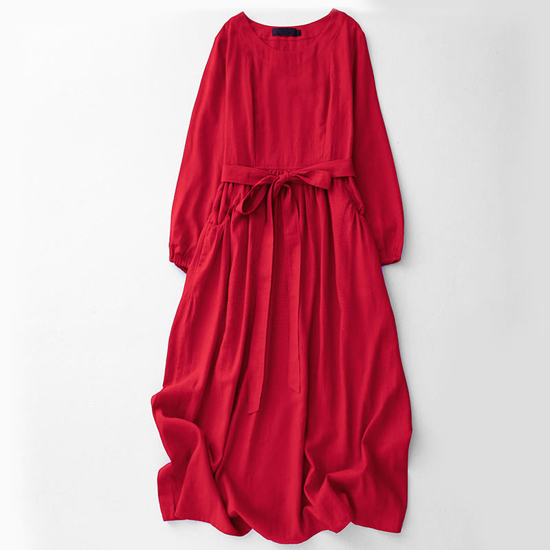 Buddha Stones – Schlichtes, langärmliges Midikleid aus Baumwolle mit Schnürung und Taschen für Damen - Rot - US8-10， UK/AU12-14，EU40-42 (2XL) - image 11