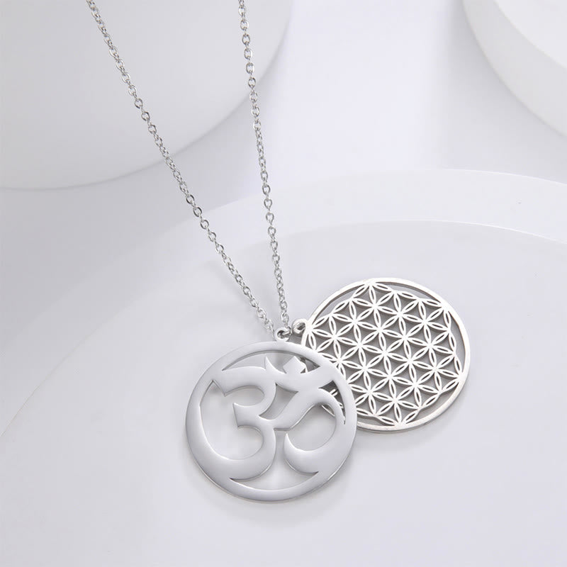 Buddha Stones, Om-Symbol, hohles Blumen-Design, Edelstahl-Verbindungs-Halskettenanhänger - image 2