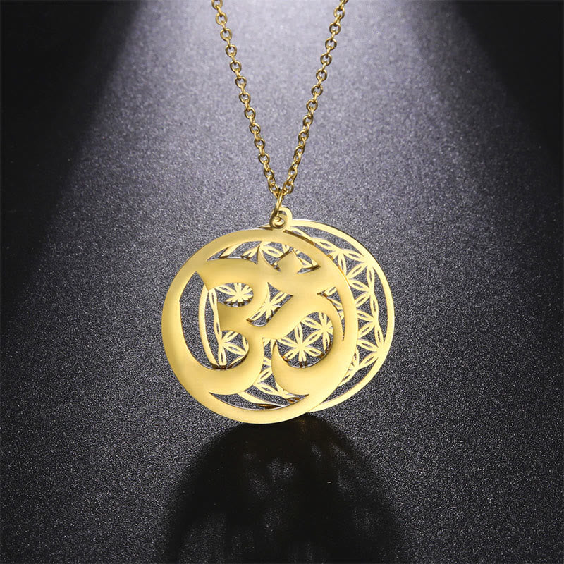 Buddha Stones, Om-Symbol, hohles Blumen-Design, Edelstahl-Verbindungs-Halskettenanhänger - Gold - image 7
