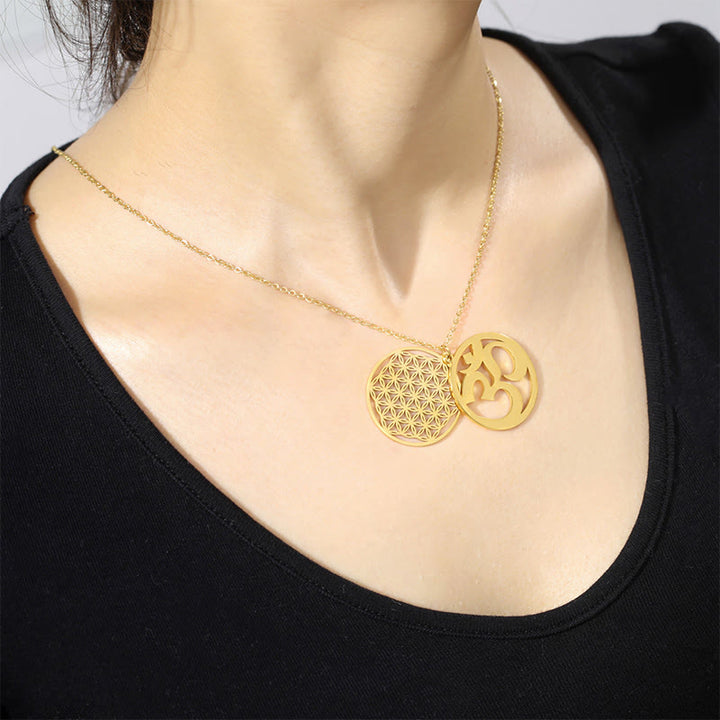 Buddha Stones, Om-Symbol, hohles Blumen-Design, Edelstahl-Verbindungs-Halskettenanhänger - image 11
