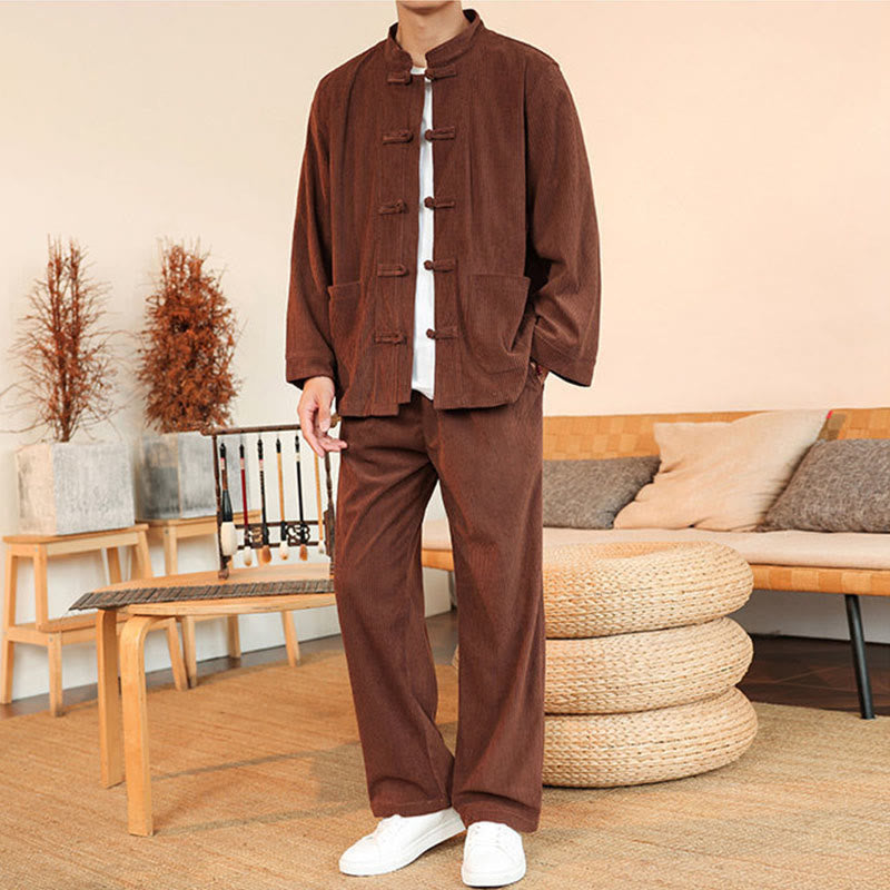 Buddha Stones 2-teiliges schlichtes Herren-Set mit Froschknöpfen, Langarmhemd und Hose aus Baumwollcord mit Taschen - image 1