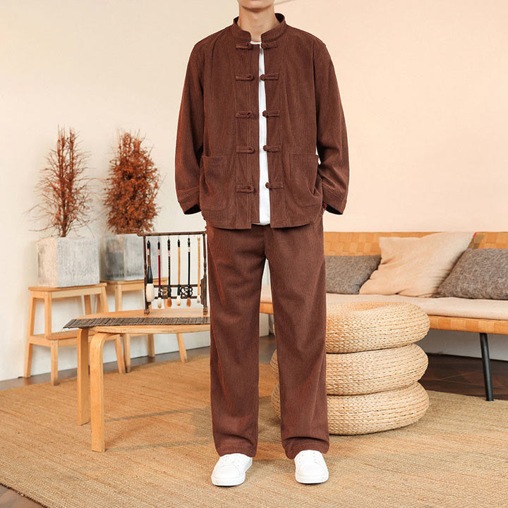 Buddha Stones 2-teiliges schlichtes Herren-Set mit Froschknöpfen, Langarmhemd und Hose aus Baumwollcord mit Taschen - Schokolade - US/UK/AU46, EU56 (5XL) - image 0