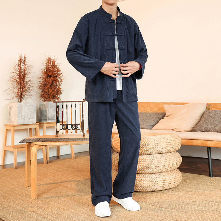 Buddha Stones 2-teiliges schlichtes Herren-Set mit Froschknöpfen, Langarmhemd und Hose aus Baumwollcord mit Taschen - Mitternachtsblau - US/UK/AU46, EU56 (5XL) - image 29