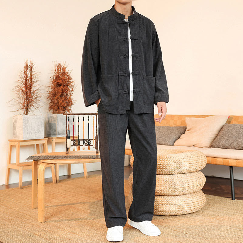 Buddha Stones 2-teiliges schlichtes Herren-Set mit Froschknöpfen, Langarmhemd und Hose aus Baumwollcord mit Taschen - Schiefergrau - US/ UK/AU46，EU56 (5XL) - image 9