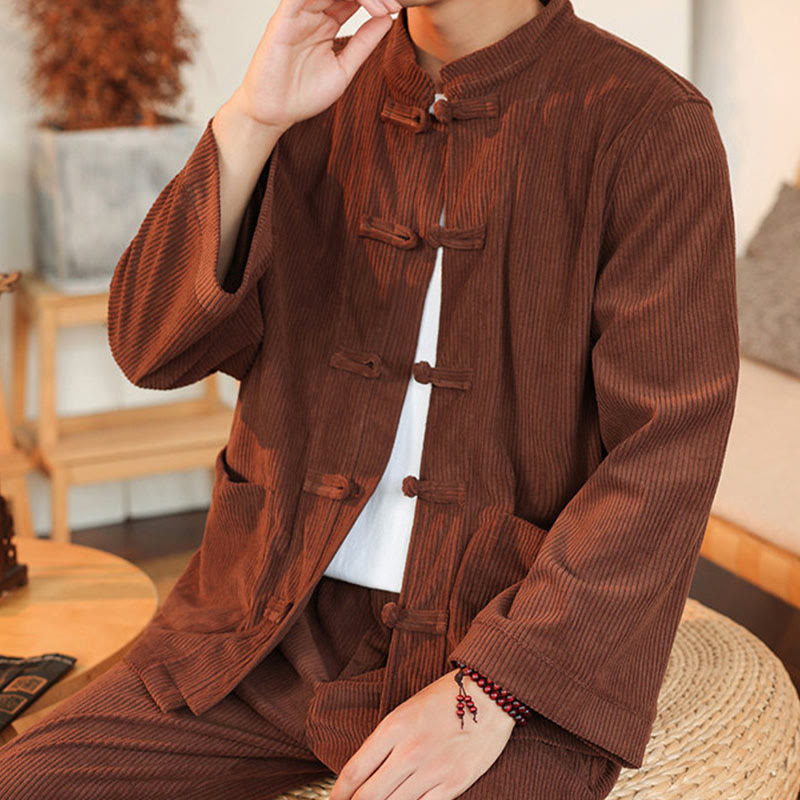 Buddha Stones 2-teiliges schlichtes Herren-Set mit Froschknöpfen, Langarmhemd und Hose aus Baumwollcord mit Taschen - image 8