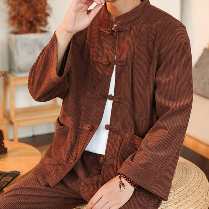 Buddha Stones 2-teiliges schlichtes Herren-Set mit Froschknöpfen, Langarmhemd und Hose aus Baumwollcord mit Taschen - image 8