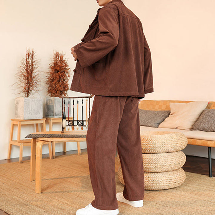 Buddha Stones 2-teiliges schlichtes Herren-Set mit Froschknöpfen, Langarmhemd und Hose aus Baumwollcord mit Taschen - image 3