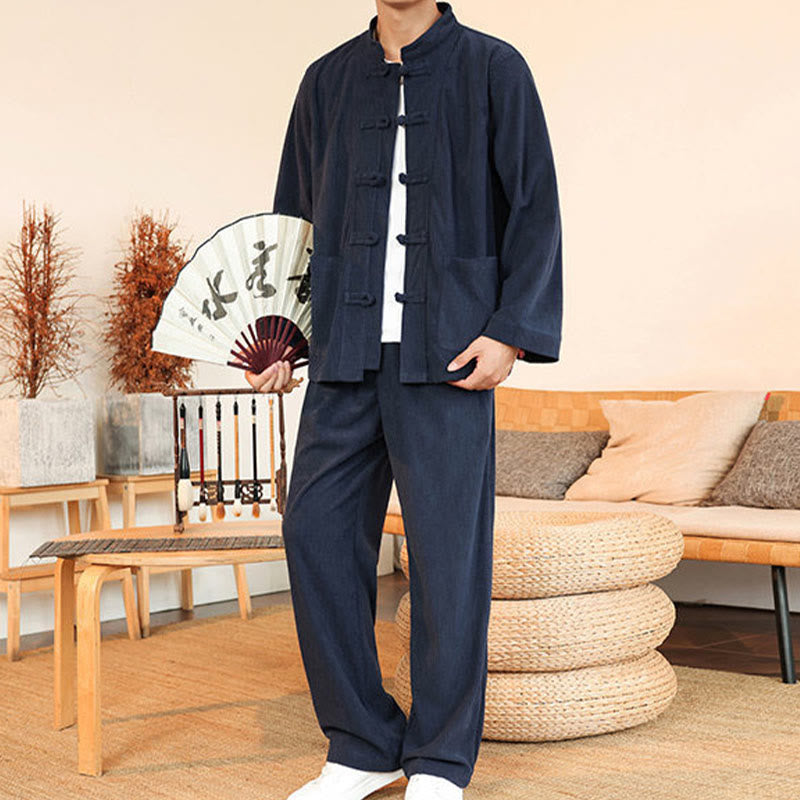 Buddha Stones 2-teiliges schlichtes Herren-Set mit Froschknöpfen, Langarmhemd und Hose aus Baumwollcord mit Taschen - image 34