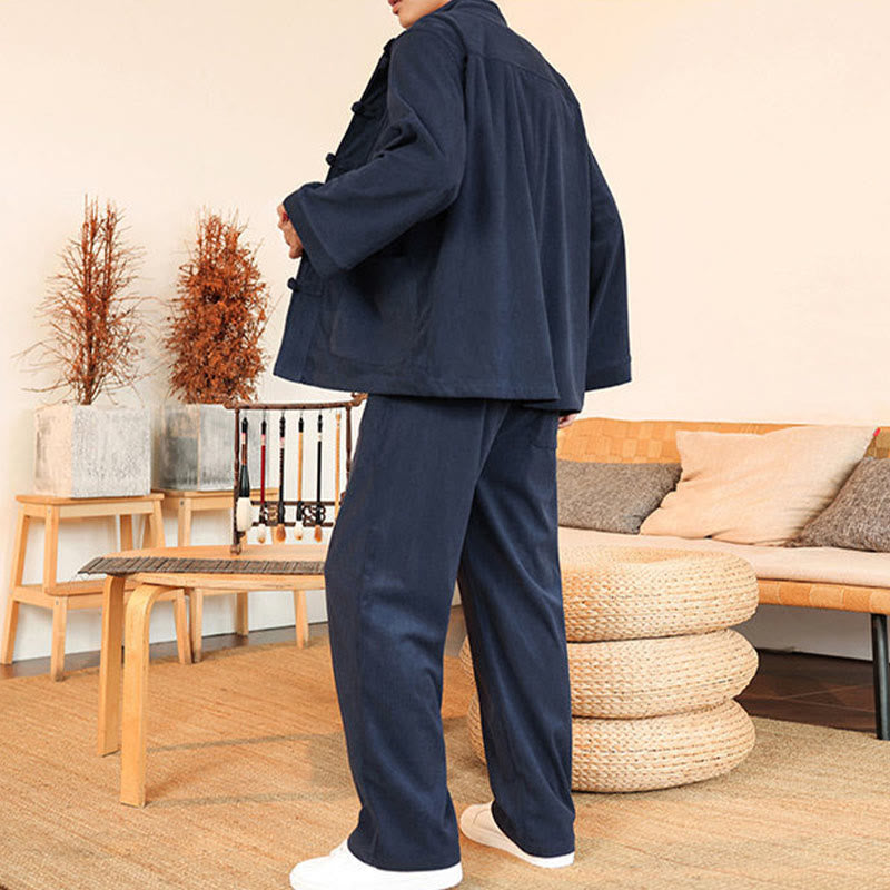 Buddha Stones 2-teiliges schlichtes Herren-Set mit Froschknöpfen, Langarmhemd und Hose aus Baumwollcord mit Taschen - image 32