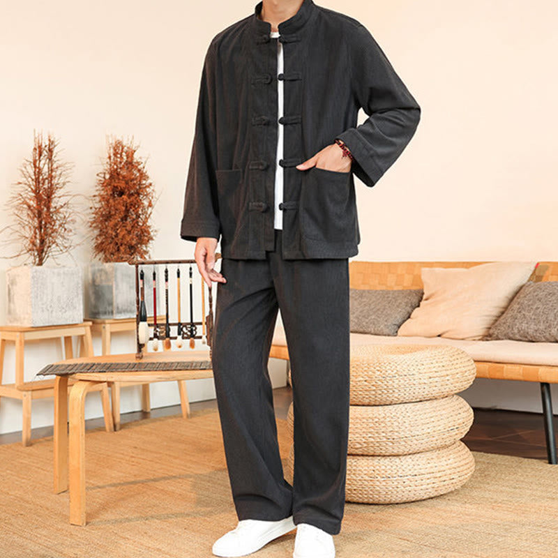 Buddha Stones 2-teiliges schlichtes Herren-Set mit Froschknöpfen, Langarmhemd und Hose aus Baumwollcord mit Taschen - image 12