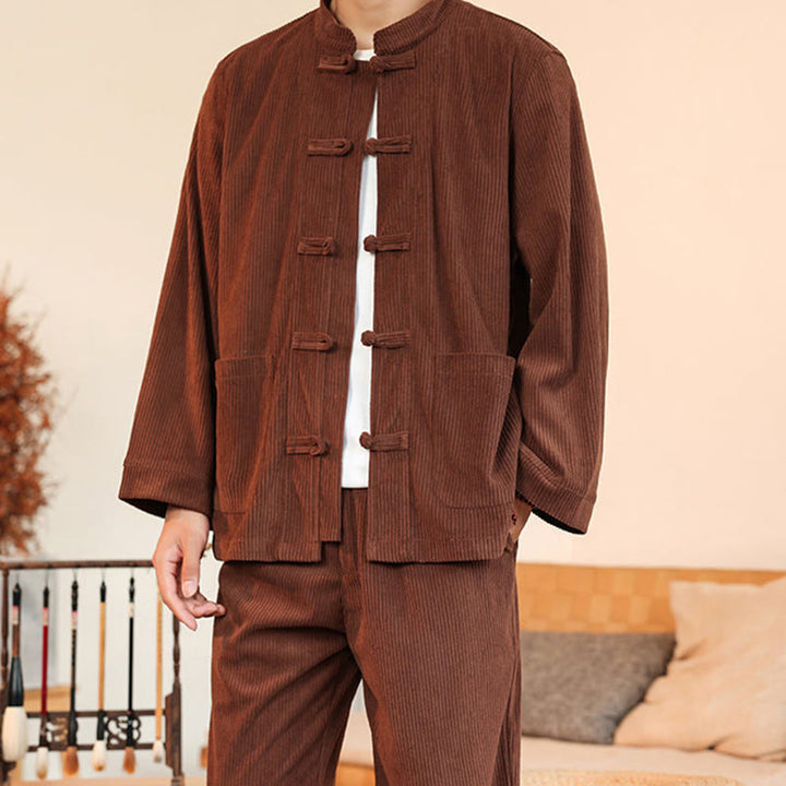 Buddha Stones 2-teiliges schlichtes Herren-Set mit Froschknöpfen, Langarmhemd und Hose aus Baumwollcord mit Taschen - image 7