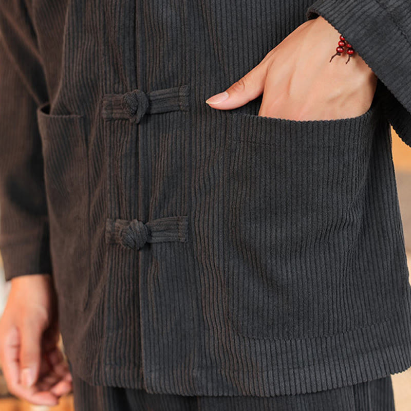 Buddha Stones 2-teiliges schlichtes Herren-Set mit Froschknöpfen, Langarmhemd und Hose aus Baumwollcord mit Taschen - image 18