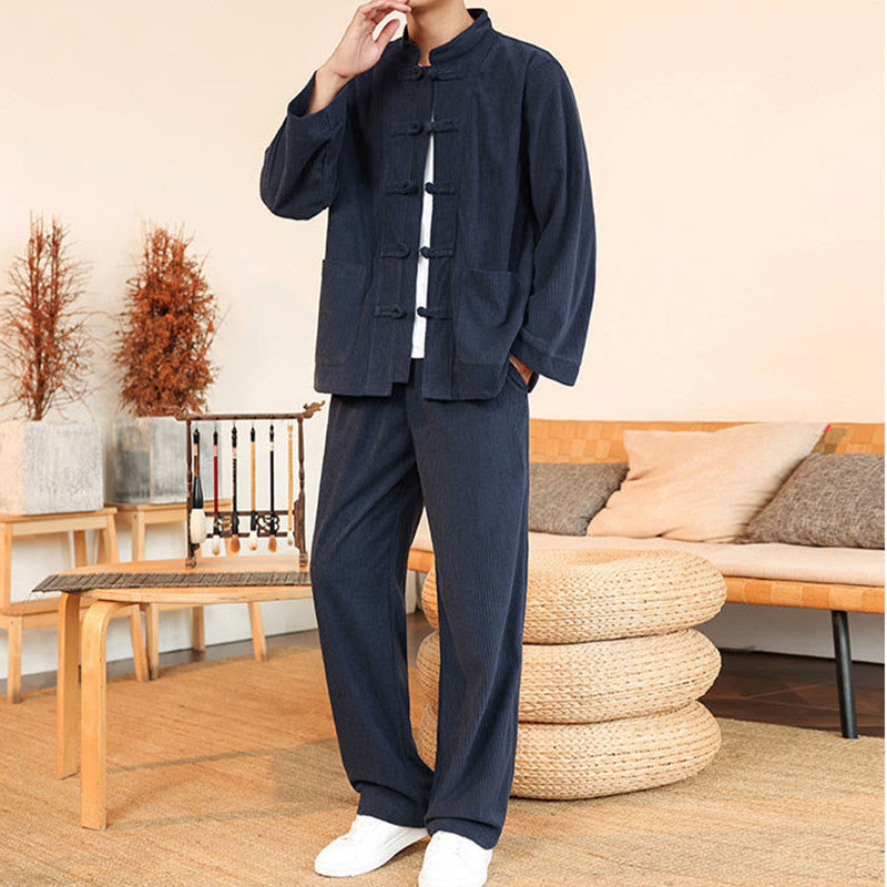 Buddha Stones 2-teiliges schlichtes Herren-Set mit Froschknöpfen, Langarmhemd und Hose aus Baumwollcord mit Taschen - image 33