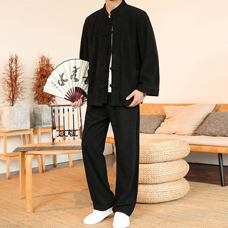 Buddha Stones 2-teiliges schlichtes Herren-Set mit Froschknöpfen, Langarmhemd und Hose aus Baumwollcord mit Taschen - image 26