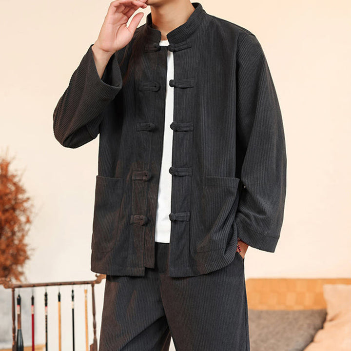Buddha Stones 2-teiliges schlichtes Herren-Set mit Froschknöpfen, Langarmhemd und Hose aus Baumwollcord mit Taschen - image 15