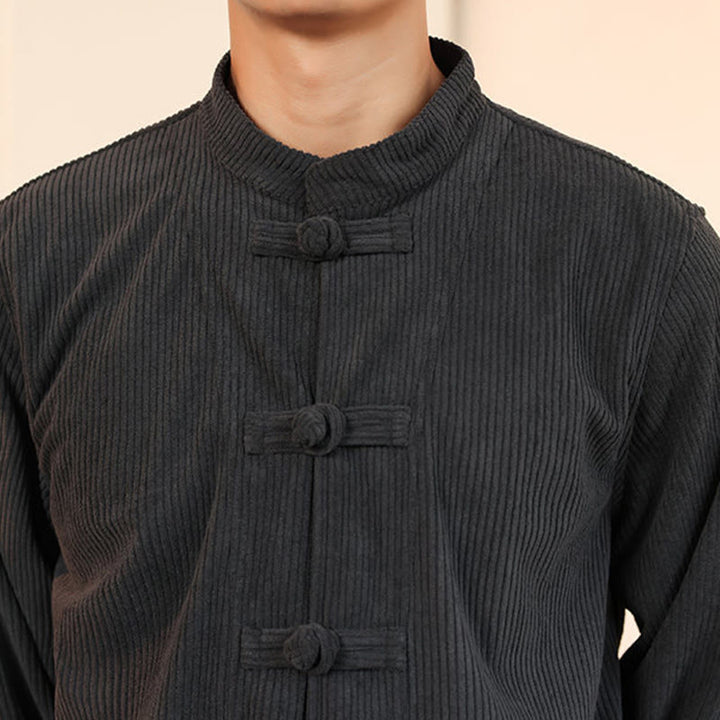 Buddha Stones 2-teiliges schlichtes Herren-Set mit Froschknöpfen, Langarmhemd und Hose aus Baumwollcord mit Taschen - image 17