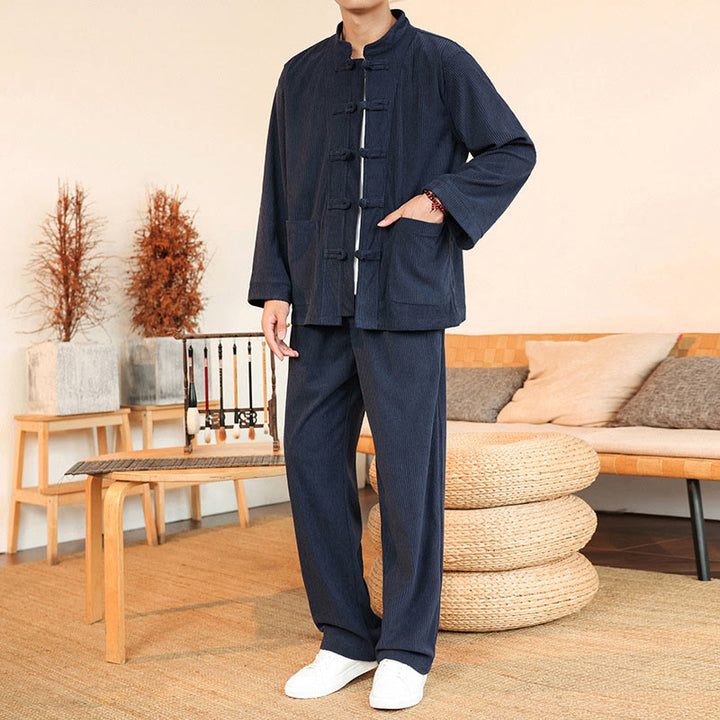 Buddha Stones 2-teiliges schlichtes Herren-Set mit Froschknöpfen, Langarmhemd und Hose aus Baumwollcord mit Taschen - image 31