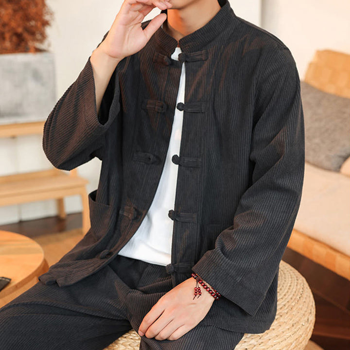 Buddha Stones 2-teiliges schlichtes Herren-Set mit Froschknöpfen, Langarmhemd und Hose aus Baumwollcord mit Taschen - image 16