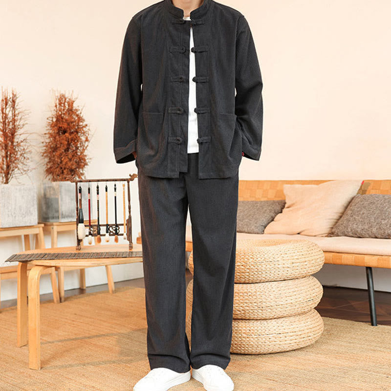 Buddha Stones 2-teiliges schlichtes Herren-Set mit Froschknöpfen, Langarmhemd und Hose aus Baumwollcord mit Taschen - image 10