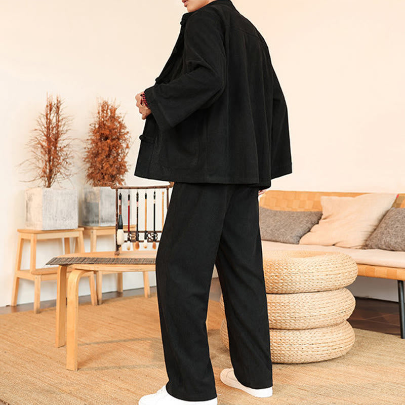 Buddha Stones 2-teiliges schlichtes Herren-Set mit Froschknöpfen, Langarmhemd und Hose aus Baumwollcord mit Taschen - image 24
