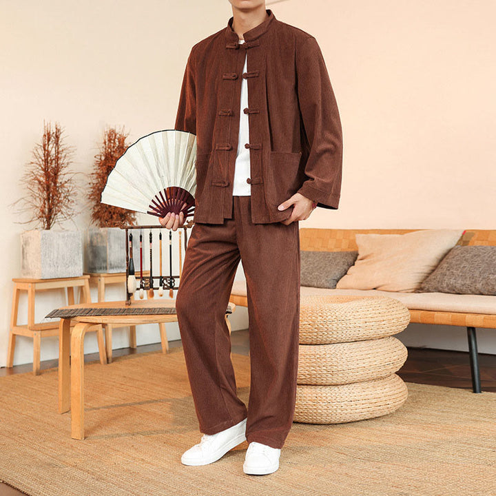 Buddha Stones 2-teiliges schlichtes Herren-Set mit Froschknöpfen, Langarmhemd und Hose aus Baumwollcord mit Taschen - image 6