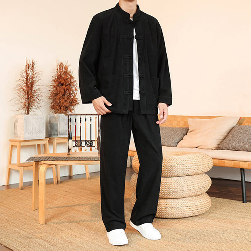 Buddha Stones 2-teiliges schlichtes Herren-Set mit Froschknöpfen, Langarmhemd und Hose aus Baumwollcord mit Taschen - image 23