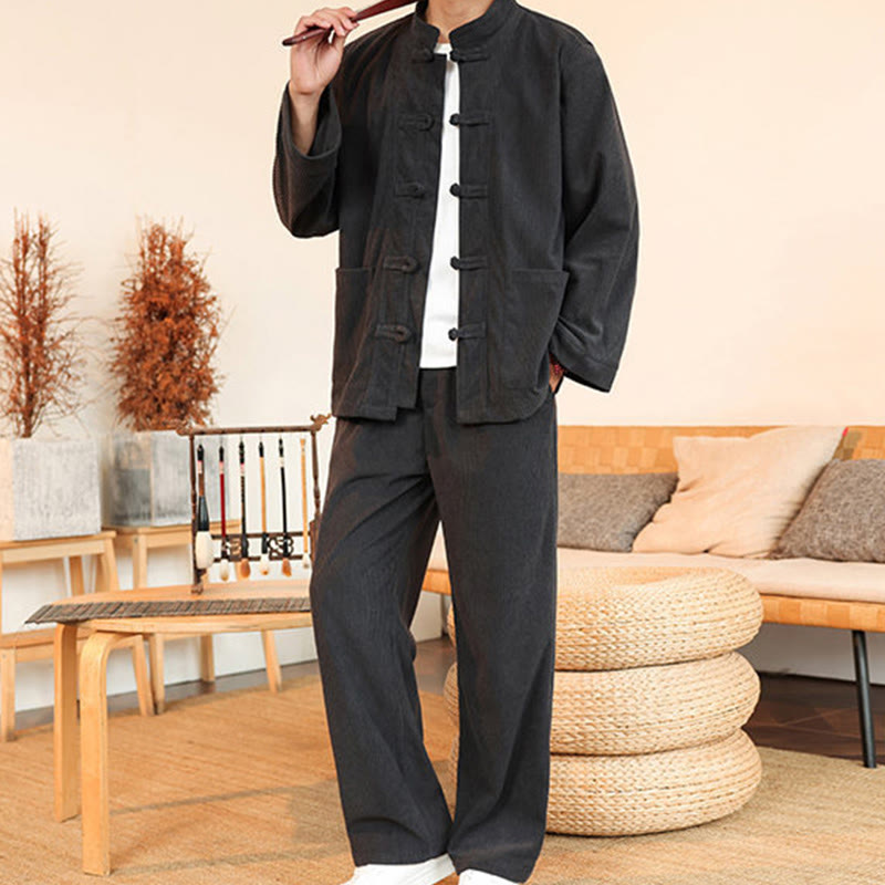Buddha Stones 2-teiliges schlichtes Herren-Set mit Froschknöpfen, Langarmhemd und Hose aus Baumwollcord mit Taschen - image 14