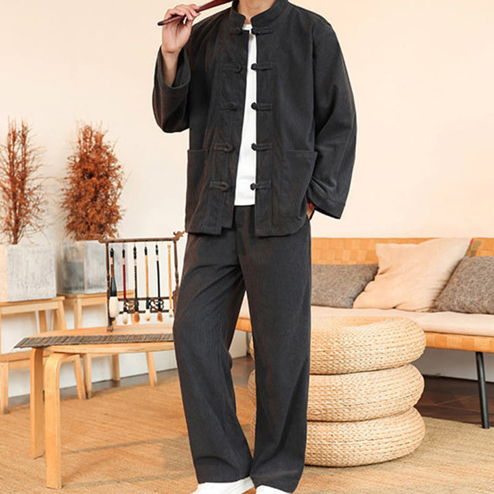 Buddha Stones 2-teiliges schlichtes Herren-Set mit Froschknöpfen, Langarmhemd und Hose aus Baumwollcord mit Taschen - image 14