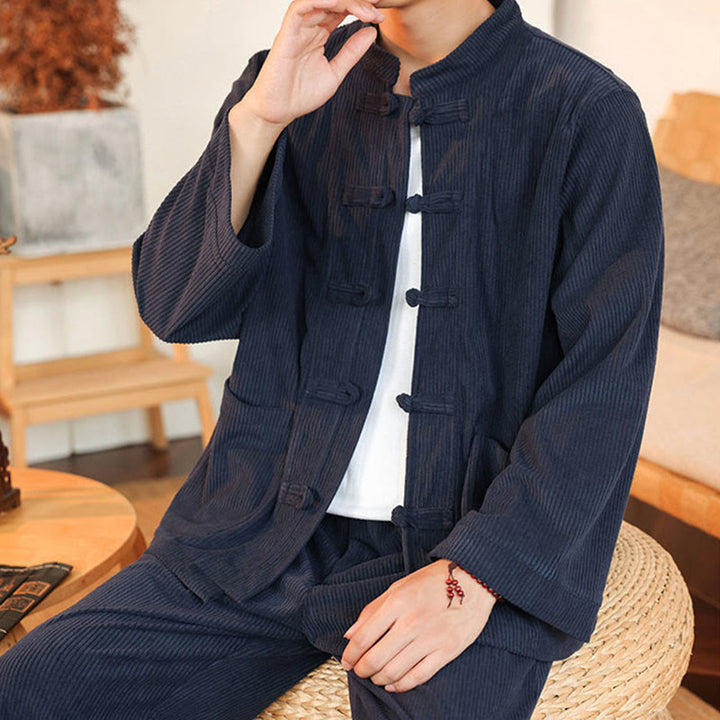 Buddha Stones 2-teiliges schlichtes Herren-Set mit Froschknöpfen, Langarmhemd und Hose aus Baumwollcord mit Taschen - image 36