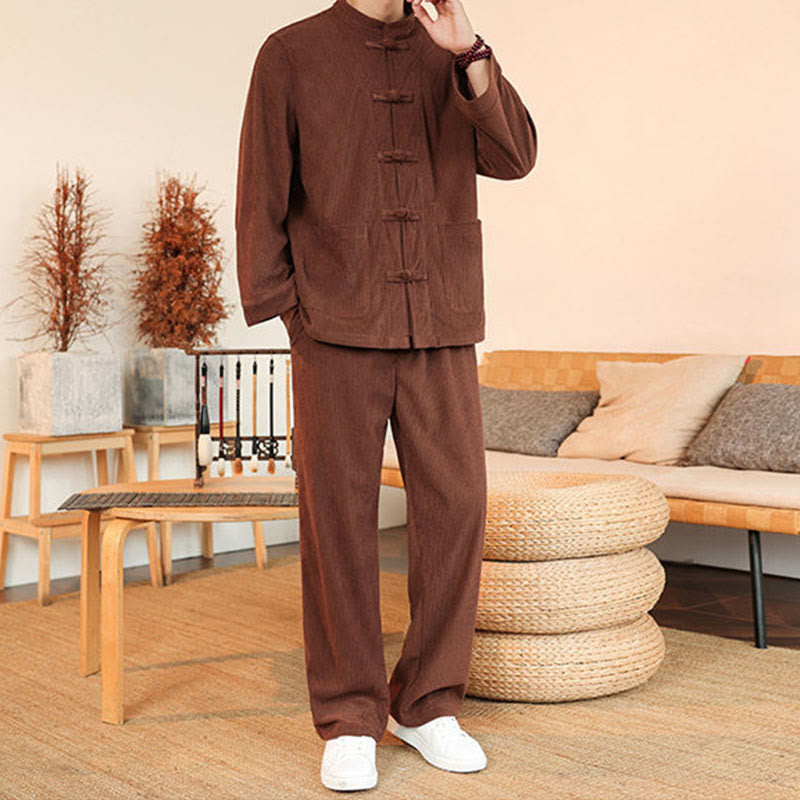 Buddha Stones 2-teiliges schlichtes Herren-Set mit Froschknöpfen, Langarmhemd und Hose aus Baumwollcord mit Taschen - image 4